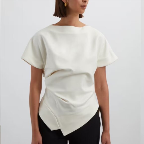 Róhe Draped Lapel Top Ivory Wool Short Sleeve Crepe Blouse Women's 44/14 NWT - Picture 1 of 5